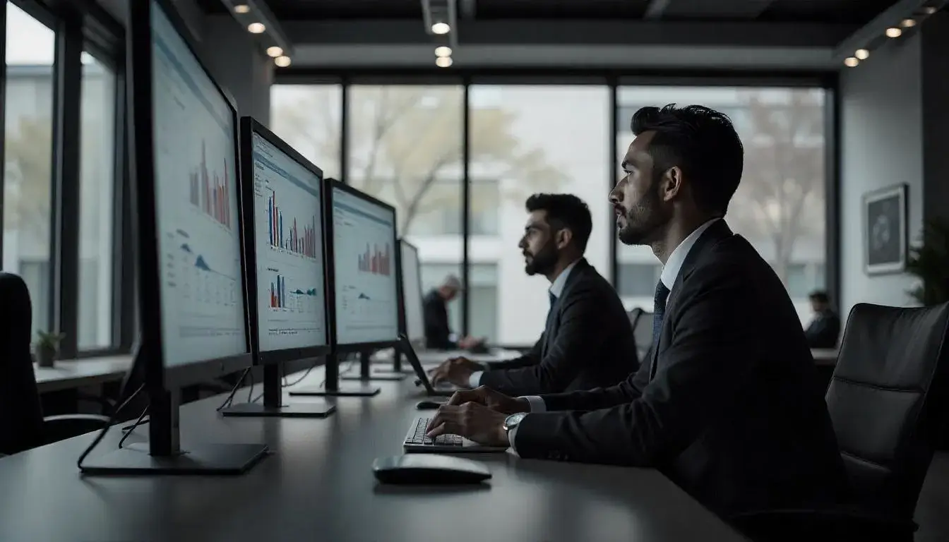 Bank of America employees working with AI-powered financial tools on large interactive displays in a digital office environment.