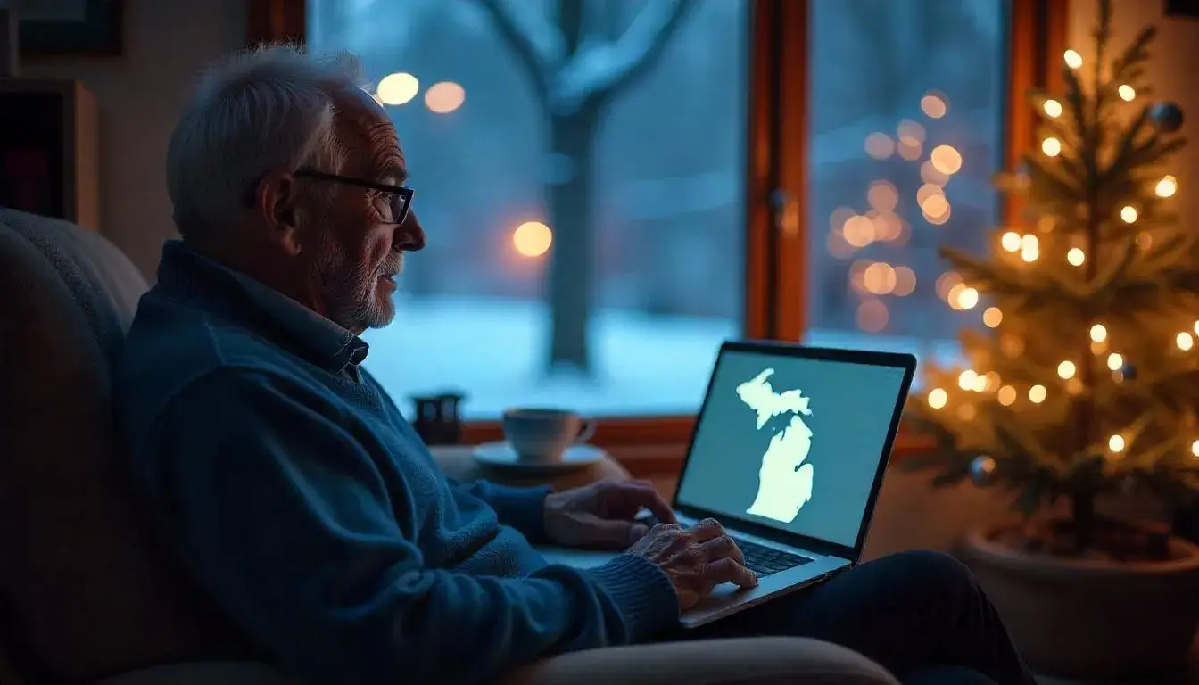 Person searching for remote jobs in Michigan on laptop with state map on screen