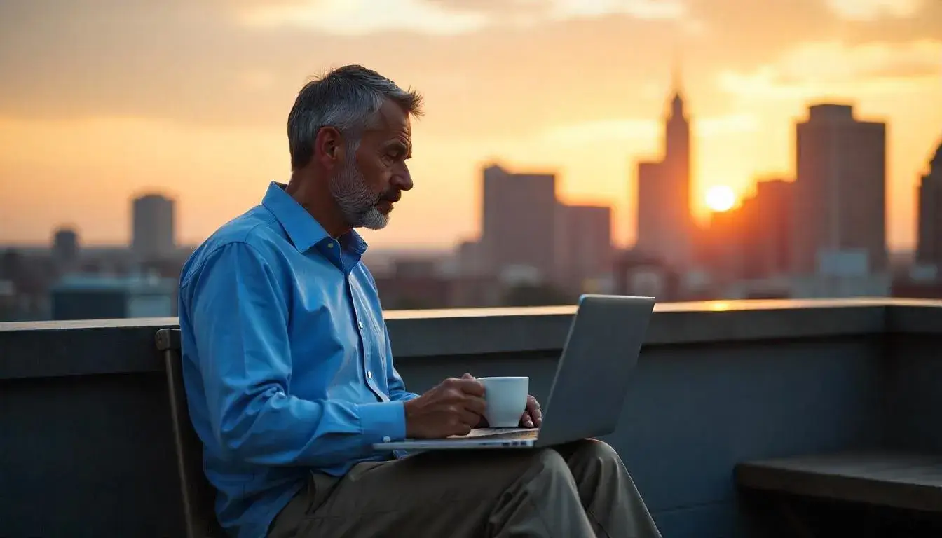 Person working remotely on laptop with Detroit skyline in the background
